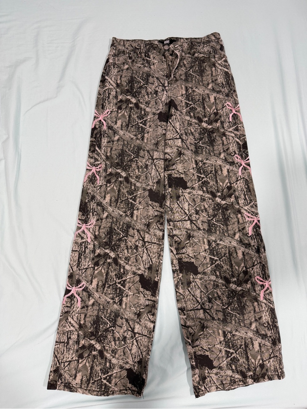 Madden NYC Pink Bow Camo Wide Leg Pants Size 4 Y2K